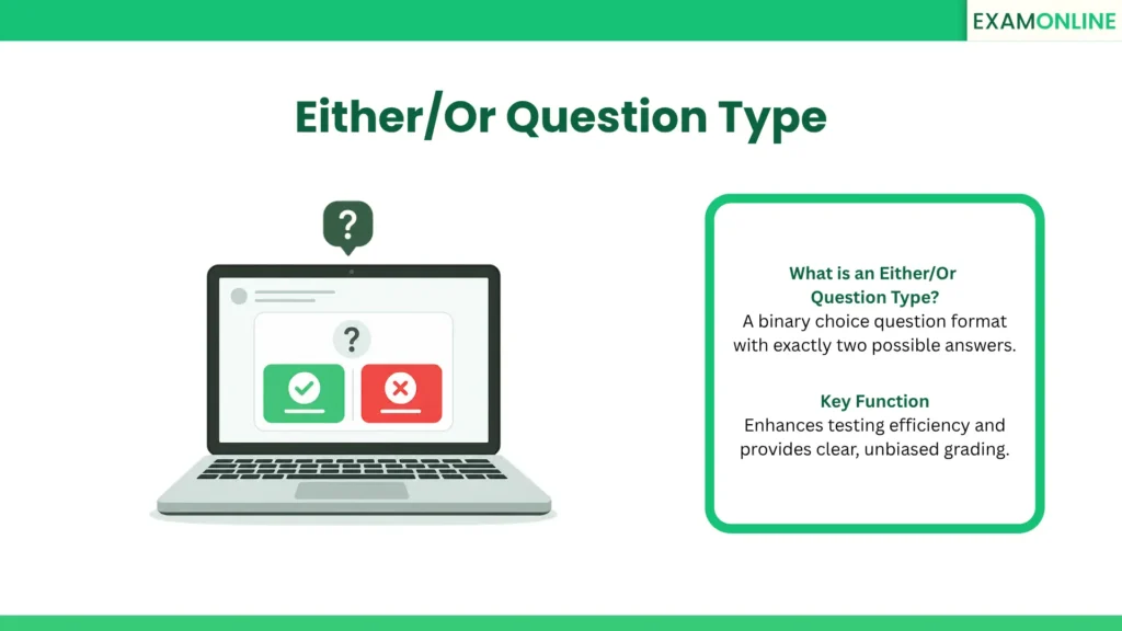 Either/Or Question Type: A binary choice question format with exactly two possible answers. Value: Enhances testing efficiency and provides clear, unbiased grading.
