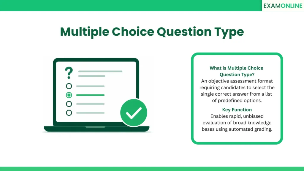 Multiple Choice Question Type: An objective assessment format requiring candidates to select the single correct answer from a list of predefined options. Key Function: Enables rapid, unbiased evaluation of broad knowledge bases using automated grading.