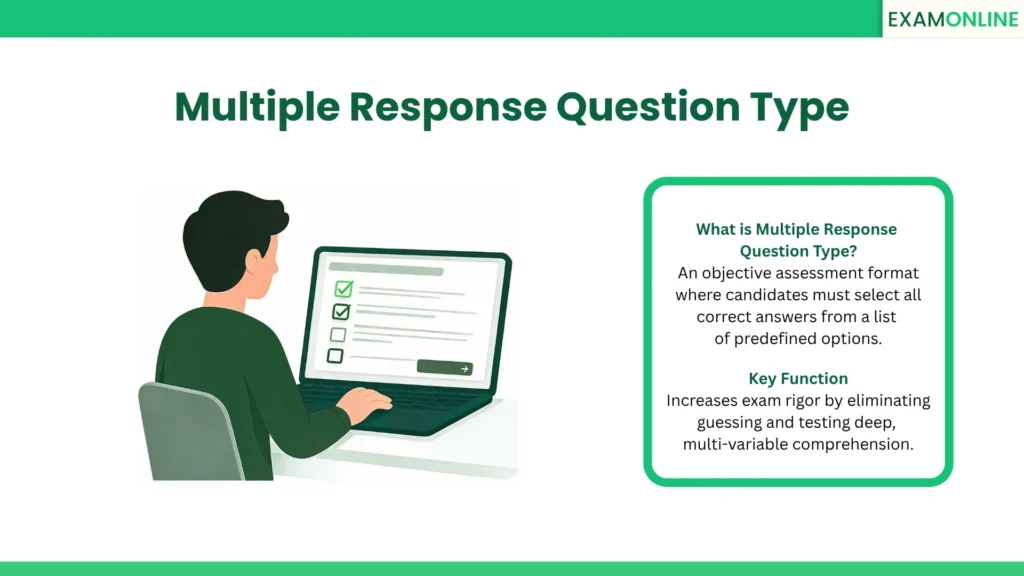 Multiple Response Question Type: An objective assessment format where candidates must select all correct answers from a list of predefined options. Key Function: Increases exam rigor by eliminating guessing and testing deep, multi-variable comprehension.