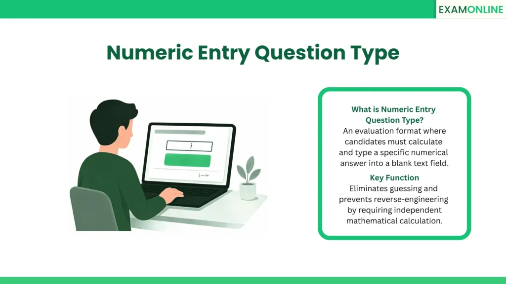 Numeric Entry Question Type: An evaluation format where candidates must calculate and type a specific numerical answer into a blank text field. Key Function: Eliminates guessing and prevents reverse-engineering by requiring independent mathematical calculation.