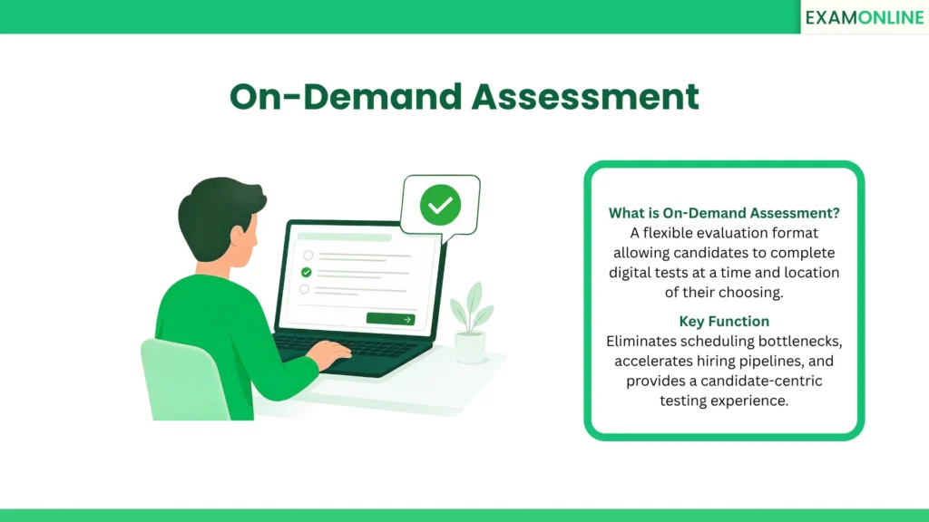 On-Demand Assessment: A flexible evaluation format allowing candidates to complete digital tests at a time and location of their choosing. Key Function: Eliminates scheduling bottlenecks, accelerates hiring pipelines, and provides a candidate-centric testing experience.