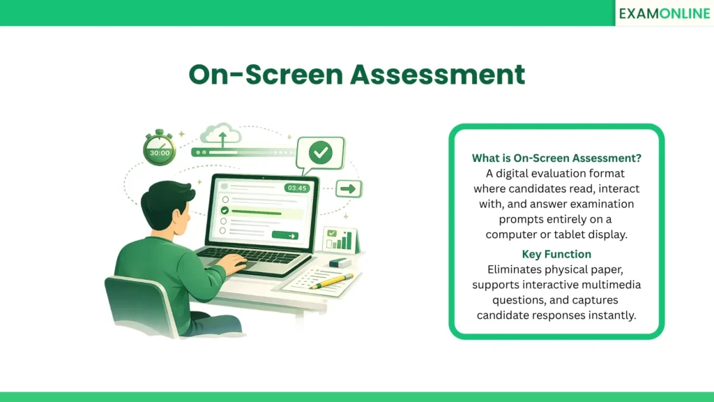 On-Screen Assessment: A digital evaluation format where candidates read, interact with, and answer examination prompts entirely on a computer or tablet display. Key Function: Eliminates physical paper, supports interactive multimedia questions, and captures candidate responses instantly.