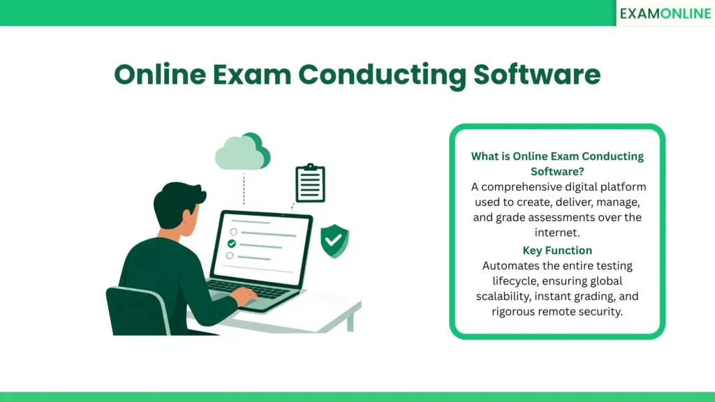 Online Exam Conducting Software: A comprehensive digital platform used to create, deliver, manage, and grade assessments over the internet. Key Function: Automates the entire testing lifecycle, ensuring global scalability, instant grading, and rigorous remote security.