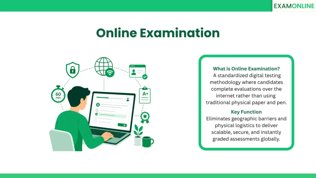 Online Examination: A standardized digital testing methodology where candidates complete evaluations over the internet rather than using traditional physical paper and pen. Key Function: Eliminates geographic barriers and physical logistics to deliver scalable, secure, and instantly graded assessments globally.