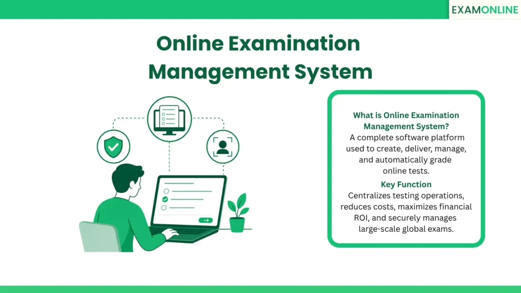 Online Examination Management System: A complete software platform used to create, deliver, manage, and automatically grade online tests. Key Function: Centralizes testing operations, reduces costs, maximizes financial ROI, and securely manages large-scale global exams.