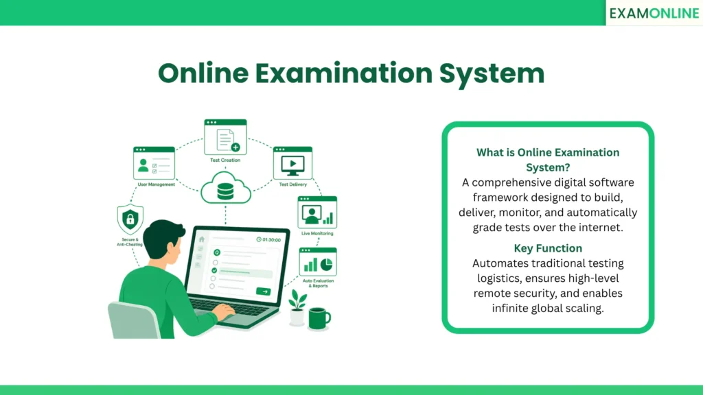 Online Examination System: A comprehensive digital software framework designed to build, deliver, monitor, and automatically grade tests over the internet. Key Function: Automates traditional testing logistics, ensures high-level remote security, and enables infinite global scaling.