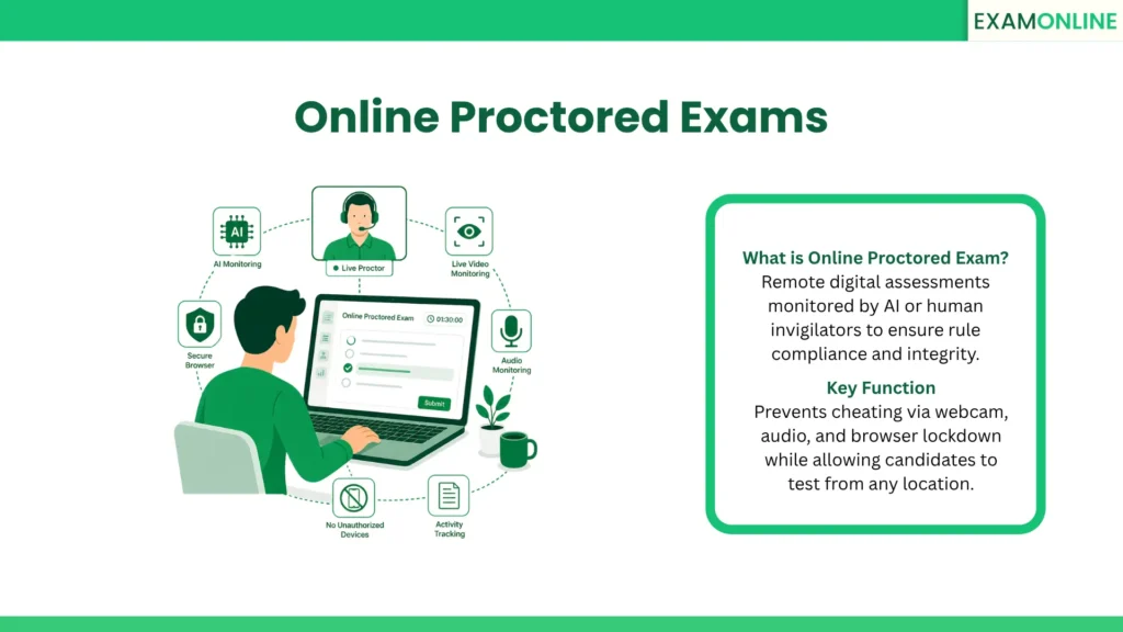 Online Proctored Exams: Remote digital assessments monitored by AI or human invigilators to ensure rule compliance and integrity. Key Function: Prevents cheating via webcam, audio, and browser lockdown while allowing candidates to test from any location.