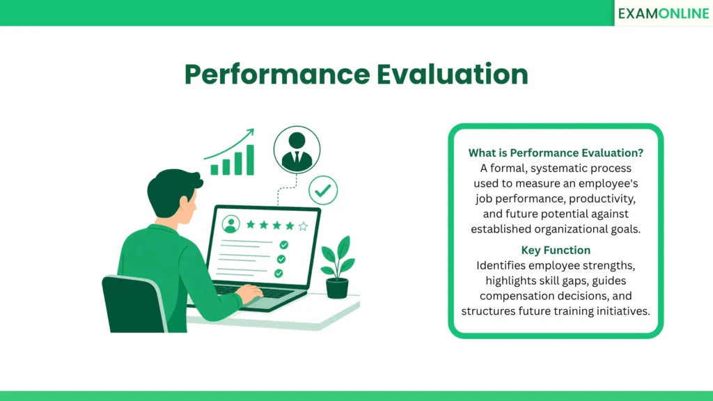 Performance Evaluation: A formal, systematic process used to measure an employee's job performance, productivity, and future potential against established organizational goals. Key Function: Identifies employee strengths, highlights skill gaps, guides compensation decisions, and structures future training initiatives.