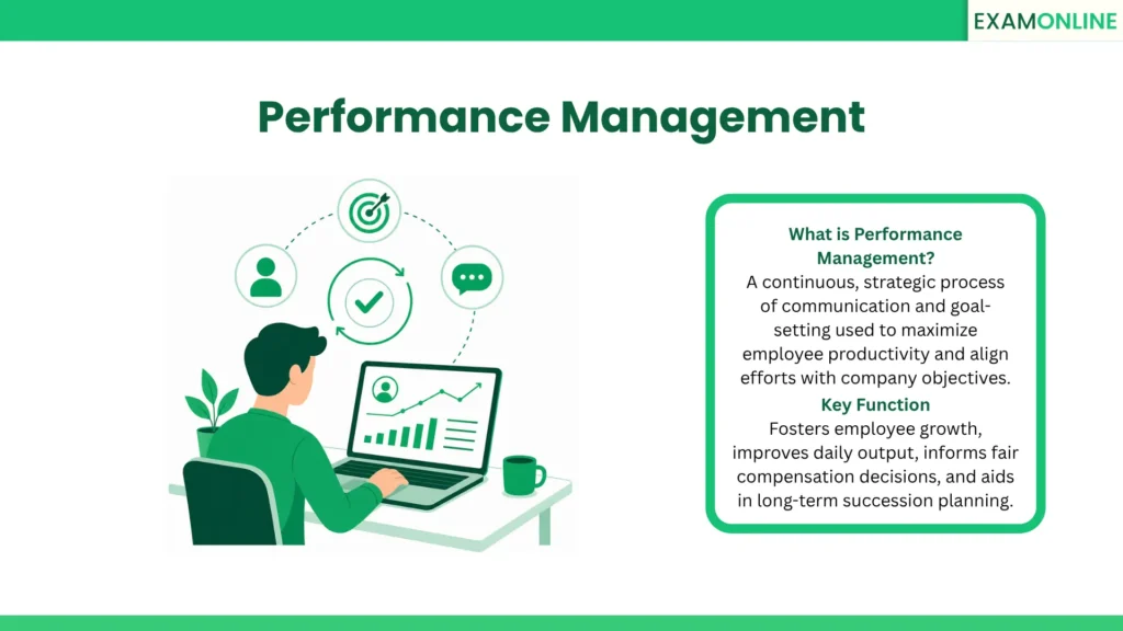 Performance Management: A continuous, strategic process of communication and goal-setting used to maximize employee productivity and align efforts with company objectives. Key Function: Fosters employee growth, improves daily output, informs fair compensation decisions, and aids in long-term succession planning.