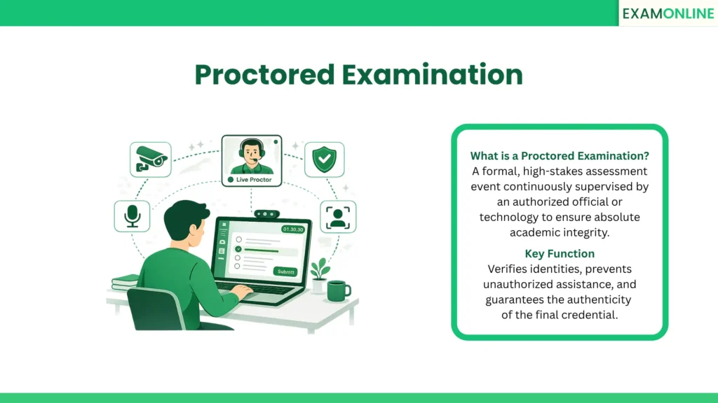 Proctored Examination: A formal, high-stakes assessment event continuously supervised by an authorized official or technology to ensure absolute academic integrity. Key Function: Verifies identities, prevents unauthorized assistance, and guarantees the authenticity of the final credential.