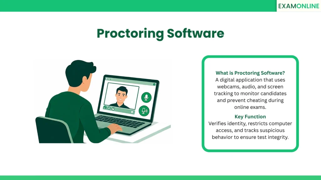 Proctoring Software: A digital application that uses webcams, audio, and screen tracking to monitor candidates and prevent cheating during online exams. Key Function: Verifies identity, restricts computer access, and tracks suspicious behavior to ensure test integrity.