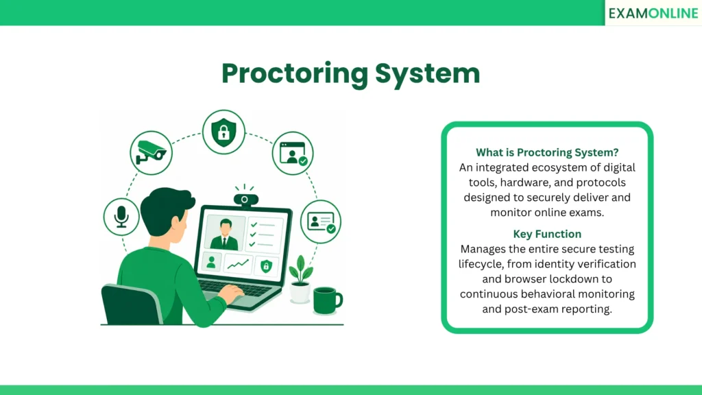 Proctoring System: An integrated ecosystem of digital tools, hardware, and protocols designed to securely deliver and monitor online exams. Key Function: Manages the entire secure testing lifecycle, from identity verification and browser lockdown to continuous behavioral monitoring and post-exam reporting.