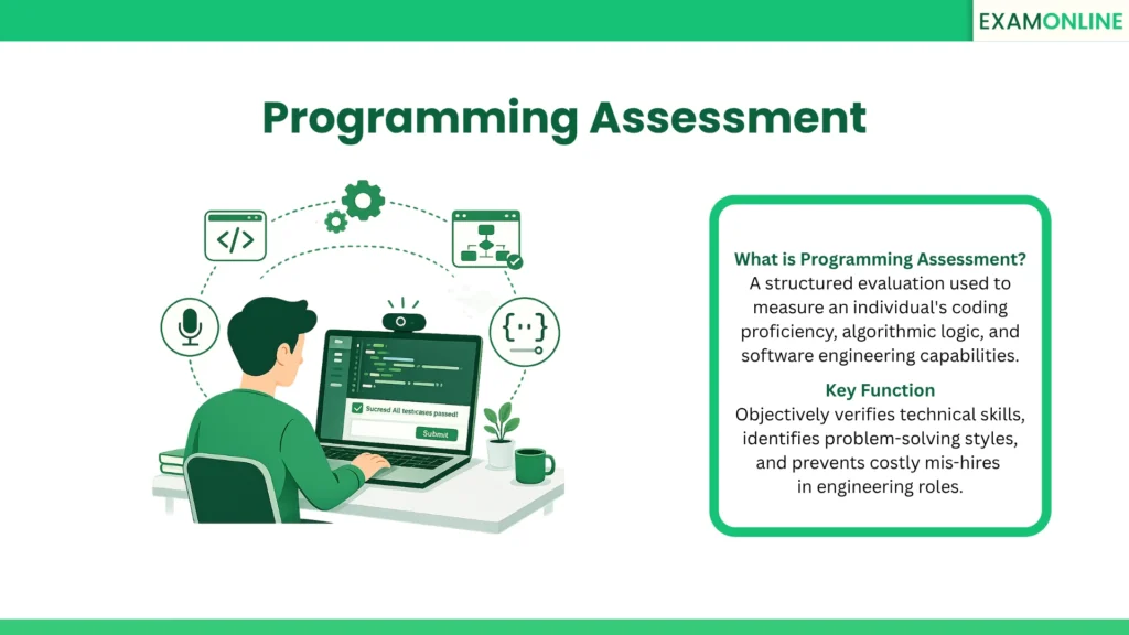 Programming Assessment: A structured evaluation used to measure an individual's coding proficiency, algorithmic logic, and software engineering capabilities. Key Function: Objectively verifies technical skills, identifies problem-solving styles, and prevents costly mis-hires in engineering roles.
