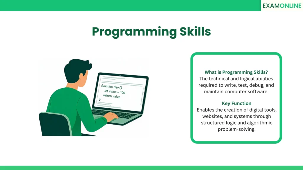 Programming Skills: The technical and logical abilities required to write, test, debug, and maintain computer software. Key Function: Enables the creation of digital tools, websites, and systems through structured logic and algorithmic problem-solving.
