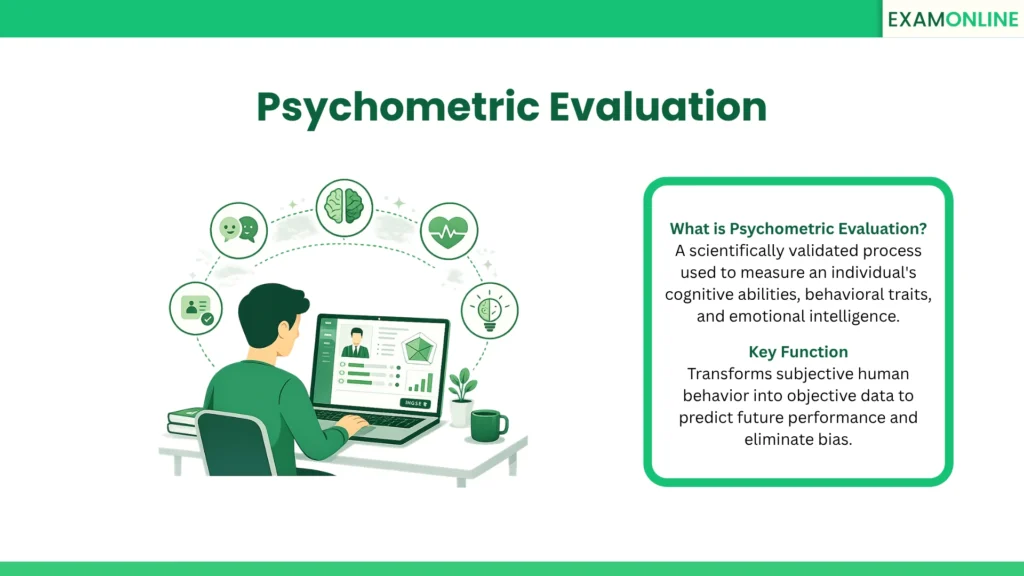 Psychometric Evaluation: A scientifically validated process used to measure an individual's cognitive abilities, behavioral traits, and emotional intelligence. Key Function: Transforms subjective human behavior into objective data to predict future performance and eliminate bias.
