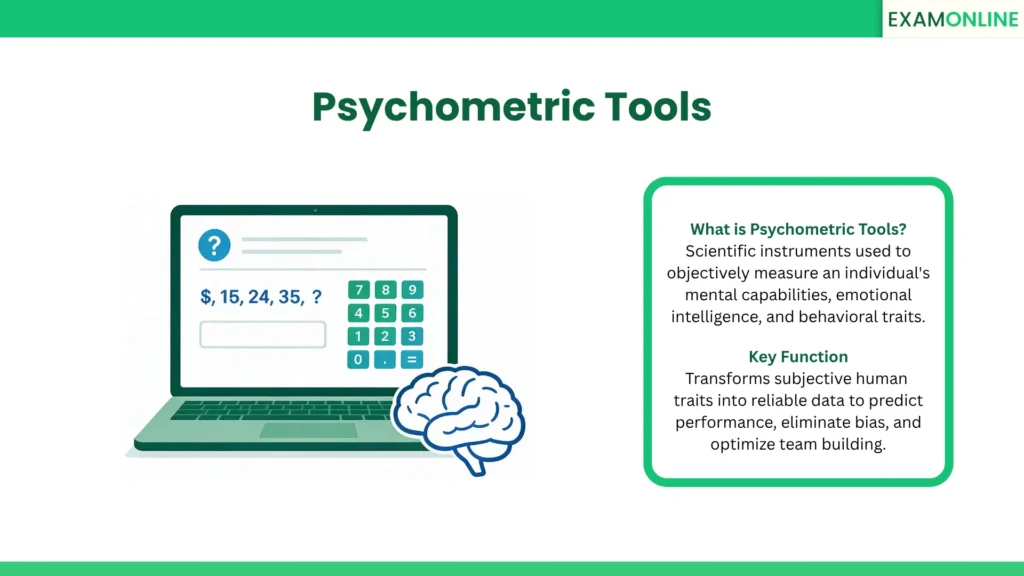 Psychometric Tools: Scientific instruments used to objectively measure an individual's mental capabilities, emotional intelligence, and behavioral traits. Key Function: Transforms subjective human traits into reliable data to predict performance, eliminate bias, and optimize team building.