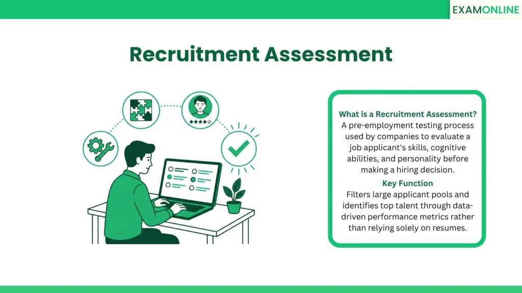 Recruitment Assessment: A pre-employment testing process used by companies to evaluate a job applicant's skills, cognitive abilities, and personality before making a hiring decision. Key Function: Filters large applicant pools and identifies top talent through data-driven performance metrics rather than relying solely on resumes.