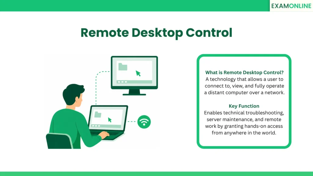 Remote Desktop Control: A technology that allows a user to connect to, view, and fully operate a distant computer over a network. Key Function: Enables technical troubleshooting, server maintenance, and remote work by granting hands-on access from anywhere in the world.
