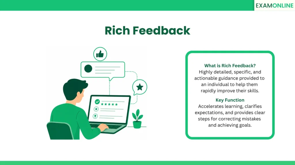 Rich Feedback: Highly detailed, specific, and actionable guidance provided to an individual to help them rapidly improve their skills. Key Function: Accelerates learning, clarifies expectations, and provides clear steps for correcting mistakes and achieving goals.