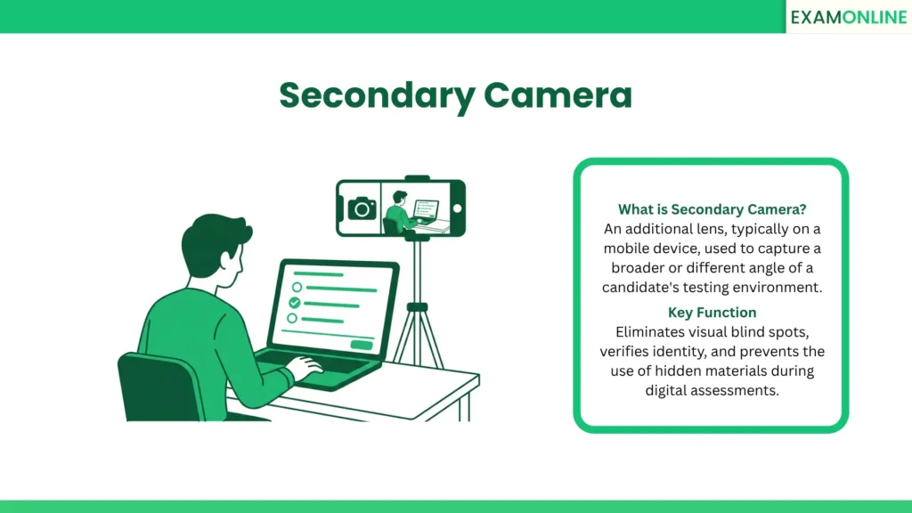 Secondary Camera: An additional lens, typically on a mobile device, used to capture a broader or different angle of a candidate's testing environment. Key Function: Eliminates visual blind spots, verifies identity, and prevents the use of hidden materials during digital assessments.