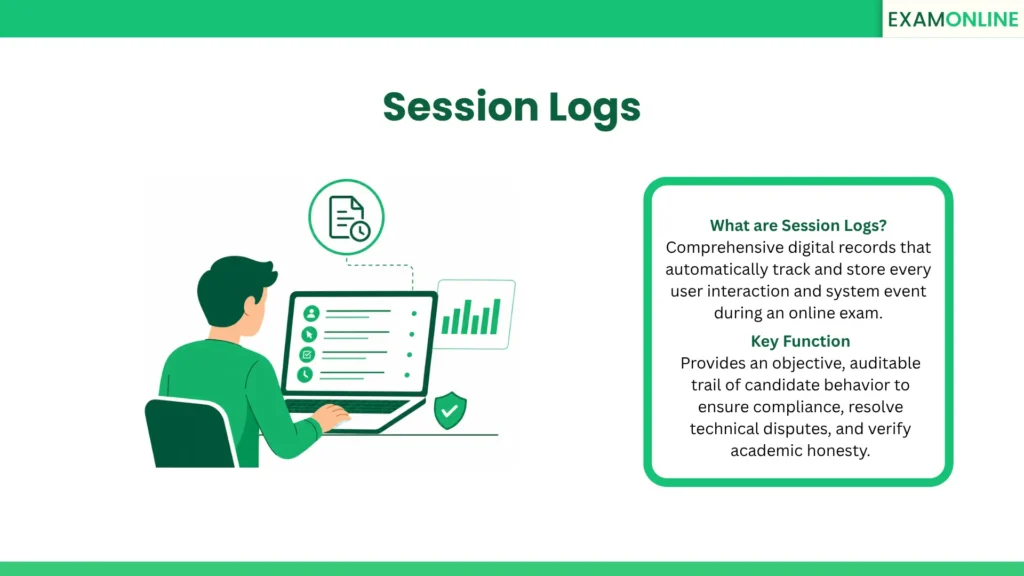 Session Logs: Comprehensive digital records that automatically track and store every user interaction and system event during an online exam. Key Function: Provides an objective, auditable trail of candidate behavior to ensure compliance, resolve technical disputes, and verify academic honesty.