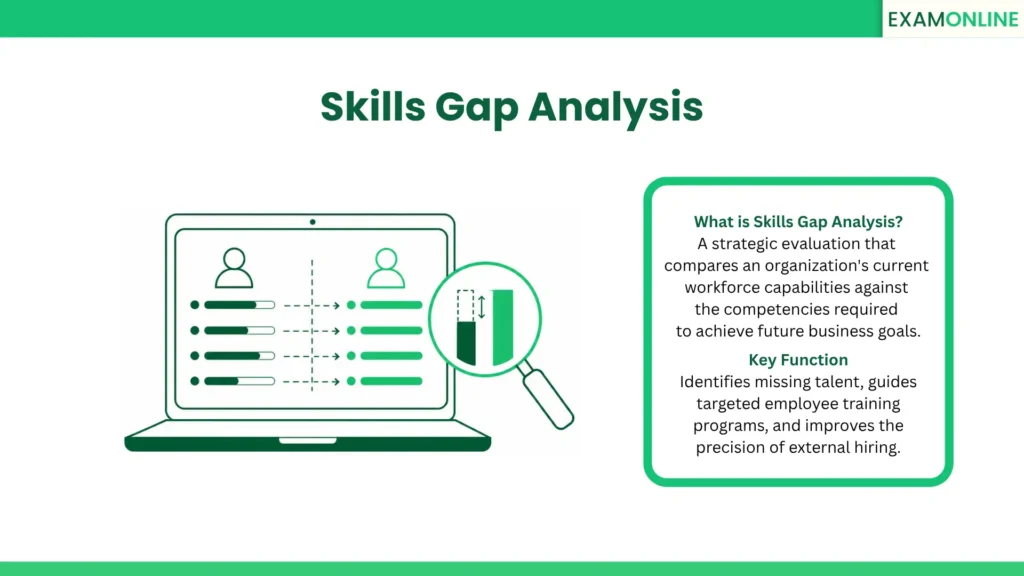 Skills Gap Analysis: A strategic evaluation that compares an organization's current workforce capabilities against the competencies required to achieve future business goals. Key Function: Identifies missing talent, guides targeted employee training programs, and improves the precision of external hiring.