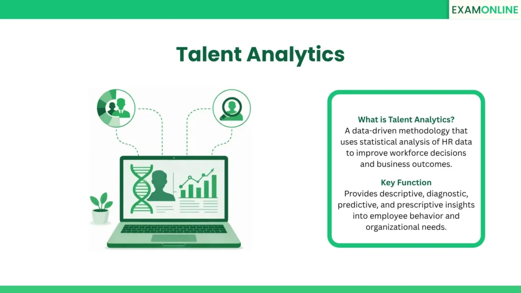 Talent Analytics: A data-driven methodology that uses statistical analysis of HR data to improve workforce decisions and business outcomes. Key Function: Provides descriptive, diagnostic, predictive, and prescriptive insights into employee behavior and organizational needs.
