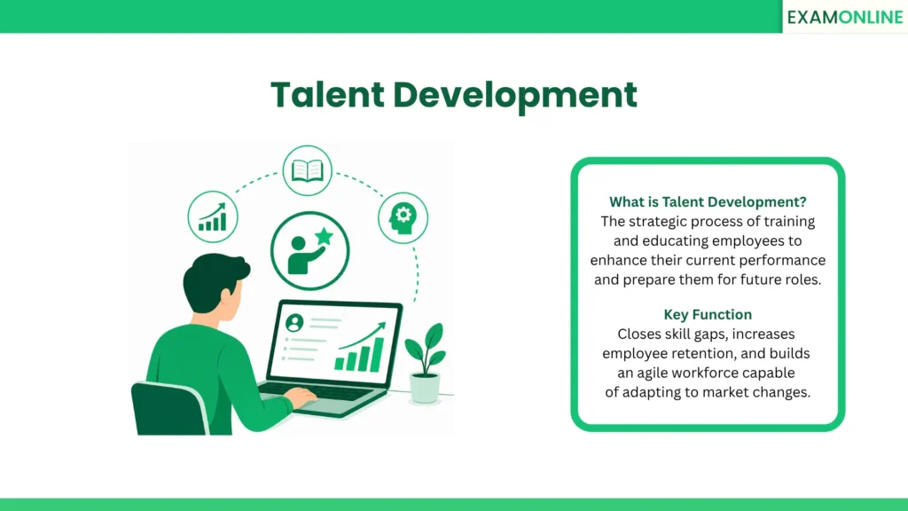Talent Development: The strategic process of training and educating employees to enhance their current performance and prepare them for future roles. Key Function: Closes skill gaps, increases employee retention, and builds an agile workforce capable of adapting to market changes.