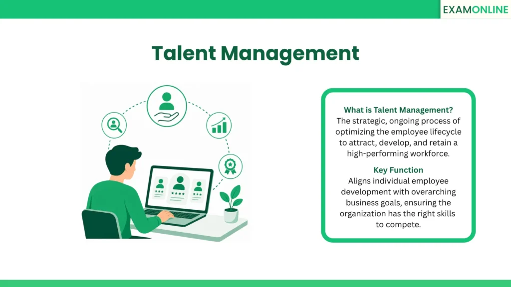Talent Management: The strategic, ongoing process of optimizing the employee lifecycle to attract, develop, and retain a high-performing workforce. Key Function: Aligns individual employee development with overarching business goals, ensuring the organization has the right skills to compete.