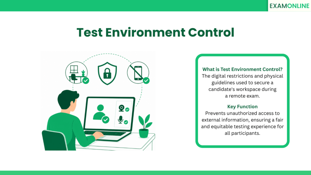 Test Environment Control: The digital restrictions and physical guidelines used to secure a candidate's workspace during a remote exam. Key Function: Prevents unauthorized access to external information, ensuring a fair and equitable testing experience for all participants.
