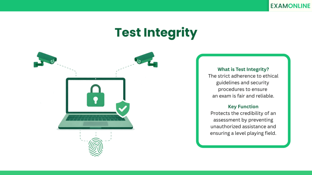 Test Integrity: The strict adherence to ethical guidelines and security procedures to ensure an exam is fair and reliable. Key Function: Protects the credibility of an assessment by preventing unauthorized assistance and ensuring a level playing field.