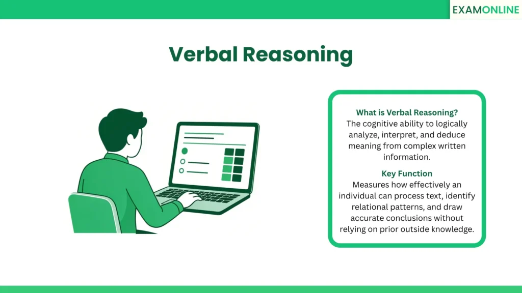 Verbal Reasoning: The cognitive ability to logically analyze, interpret, and deduce meaning from complex written information. Key Function: Measures how effectively an individual can process text, identify relational patterns, and draw accurate conclusions without relying on prior outside knowledge.