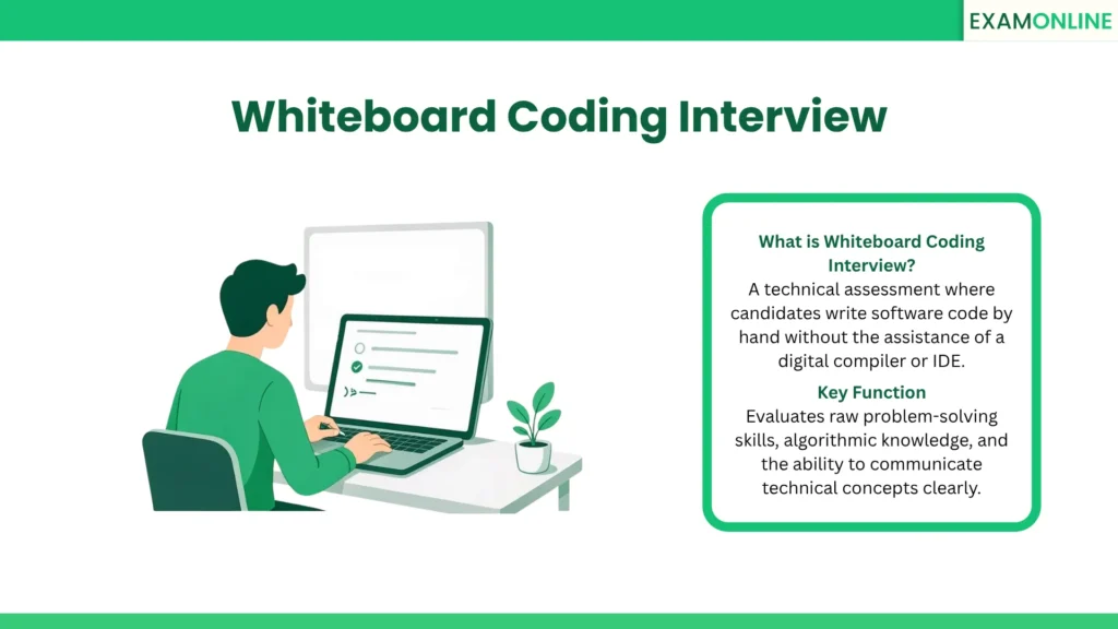 Whiteboard Coding Interview: A technical assessment where candidates write software code by hand without the assistance of a digital compiler or IDE. Key Function: Evaluates raw problem-solving skills, algorithmic knowledge, and the ability to communicate technical concepts clearly.